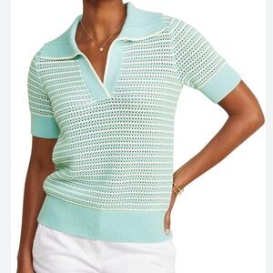 Vineyard Vines Open Knit Polo in costal stripe Tiffany blue and white size small